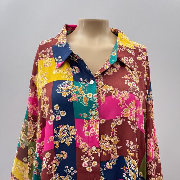 Rose & Olive Top Women 2X Colorful Floral Mixed Print Long Sleeve Button Shirt - Picture 2 of 10